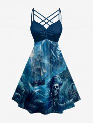 Pirate Skull Octopus Ship Cruise Print Ruched Lattice Crisscross Straps Hawaii Dress - Paon Bleu 5X