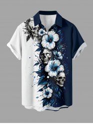 Skull Hibiscus Flower Leaf Paint Splatter Prinit Buttons Pocket Hawaii Shirt For Men -  