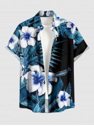 Plus Size Hibiscus Flower Tropical Leaf Print Buttons Pocket Hawaii Shirt For Men - Paon Bleu 5XL