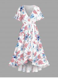 Flower Leaf Print Surplice Tulip Hem Ruffles Hawaii Dress - Rose  5X