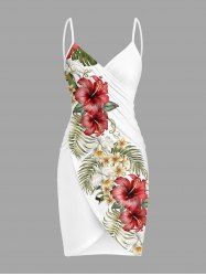 Plus Size Hibiscus Flower Tropical Leaf Print Convertible Hawaii Beach Cover - Blanc 2X
