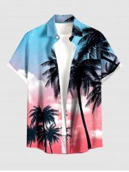 Plus Size Coconut Tree Ombre Sky Print Hawaii Button Pocket Shirt For Men - Rouge Rose 3XL