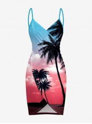 Coconut Tree Ombre Sky Print Hawaii Convertible Beach Cover Up - Rouge Rose XS