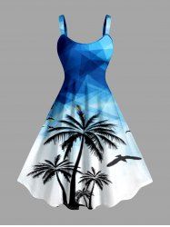 Coconut Tree Bird Geometric Ombre Print Hawaii A Line Dress - Bleu 1X