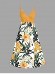 Tropical Leaf Flower Print Hawaii Surplice A Line Cami Dress - Brun Doré M