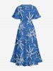 Plus Size Tropical Leaf Hibiscus Flower Sea Print Hawaii Split Pocket A Line Midi Dress -  