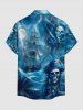 Plus Size Pirate Skull Octopus Ship Cruise Print Buttons Pocket Hawaii Shirt For Men - Paon Bleu 3XL