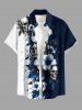 Skull Hibiscus Flower Leaf Paint Splatter Prinit Buttons Pocket Hawaii Shirt For Men -  