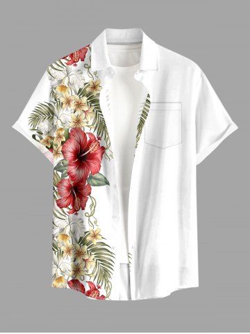 Plus Size Hibiscus Flower Tropical Leaf Print Buttons Pocket Hawaii Shirt For Men - WHITE - S