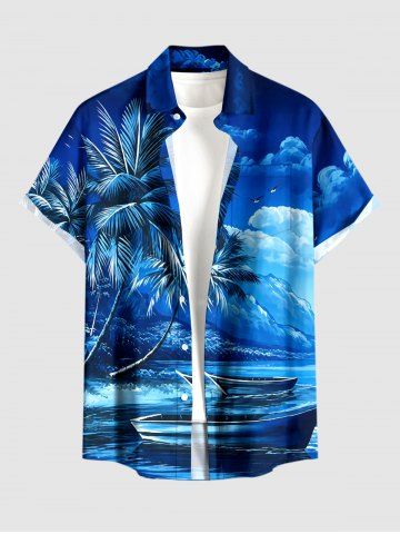 Plus Size Coconut Tree Boat Mountain Cloud Print Buttons Pocket Hawaii Shirt For Men - BLUE - L