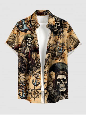 Plus Size Pirate Skull Ship Rudder Anchor Cruise Print Buttons Pocket Hawaii Shirt For Men - TAN - 5XL