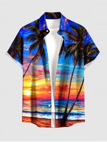 Plus Size Coconut Tree Sun Seascape Ombre Sky Print Buttons Pocket Hawaii Shirt For Men - BLUE - M