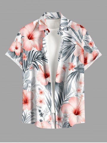 Plus Size Hibiscus Flower Tropical Leaf Print Buttons Pocket Hawaii Shirt For Men - PINK - M