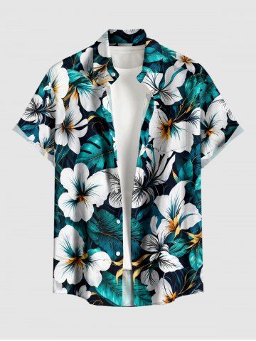 Plus Size Flowers Tropical Leaf Print Buttons Pocket Hawaii Shirt For Men - DARK TURQUOISE - 5XL
