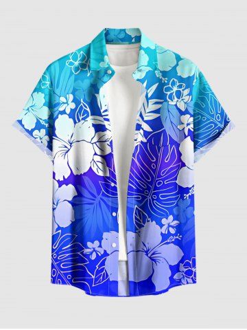 Plus Size Tropical Leaf Hibiscus Flower Ombre Print Hawaii Button Pocket Shirt For Men - BLUE - 4XL