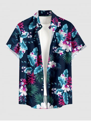 Plus Size Tropical Leaf Flower Print Hawaii Button Pocket Shirt For Men