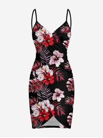 Tropical Leaf Hibiscus Flower Print Hawaii Convertible Beach Cover Up - RED - XS