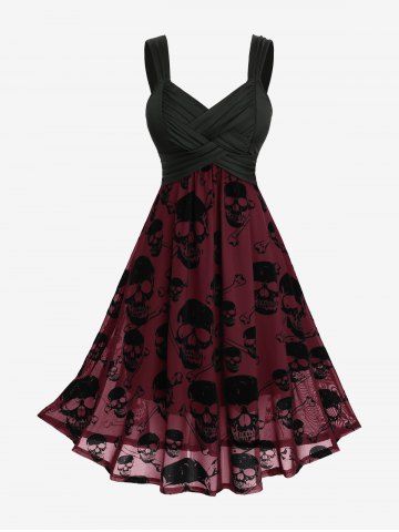 Gothic Plus Size Ruched Braided Panel Skulls Flocking Mesh Tank Dress - RED WINE - L | US 12