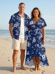 Hibiscus Flower Coconut Tree Print Matching Hawaii Beach Outfit For Couples -  