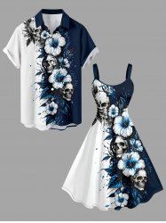 Skull Hibiscus Flower Leaf Paint Splatter Prinit Plus Size Matching Hawaii Beach Outfit For Couples -  