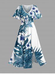 Plus Size Hibiscus Flower Tropical Leaf Print Split Hawaii Midi Dress - Paon Bleu L