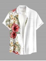 Plus Size Hibiscus Flower Tropical Leaf Print Buttons Pocket Hawaii Shirt For Men - Blanc 5XL