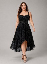 Robe débardeur grande taille à fleurs, dentelle, fronces, œillets et lacets, asymétrique. - Noir 5x | US 30-32