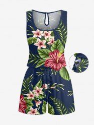 Tropical Leaf Hibiscus Flower Print Hawaii Drawstring Pocket Romper - Paon Bleu 5X