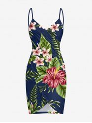 Tropical Leaf Hibiscus Flower Print Hawaii Convertible Beach Cover Up - Paon Bleu XS
