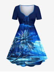 Coconut Tree Boat Mountain Cloud Print Cinched Hawaii Dress - Bleu 3X