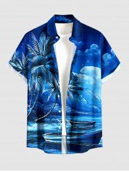 Coconut Tree Boat Mountain Cloud Print Buttons Pocket Hawaii Shirt For Men -  