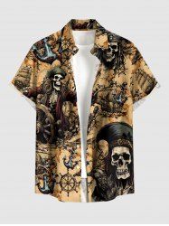 Pirate Skull Ship Rudder Anchor Cruise Print Buttons Pocket Hawaii Shirt For Men - Bronze L