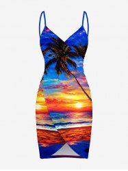 Coconut Tree Sun Seascape Ombre Sky Print Convertible Hawaii Beach Cover - Bleu XS