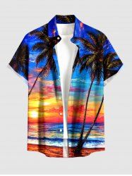 Coconut Tree Sun Seascape Ombre Sky Print Buttons Pocket Hawaii Shirt For Men - Bleu 4XL