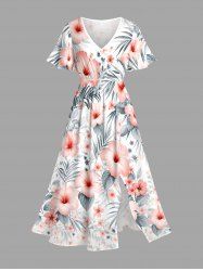 Hibiscus Flower Tropical Leaf Print Surplice Hawaii Midi Dress - Rose  2X