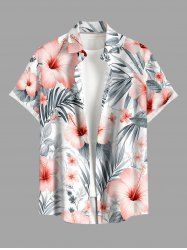 Hibiscus Flower Tropical Leaf Print Buttons Pocket Hawaii Shirt For Men - Rose  S