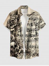 Skull Flower Music Symbol Print Hawaii Button Pocket Shirt For Men -  