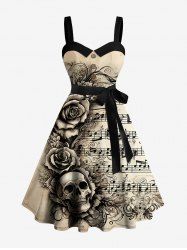 Skull Flower Music Symbol Print Hawaii Button A Line Dress with Removable Belt -  