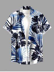 Tropical Leaf Hibiscus Flower Print Hawaii Button Pocket Shirt For Men - Bleu profond 3XL