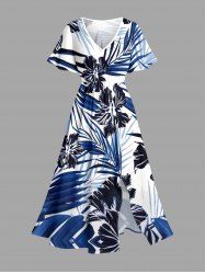 Tropical Leaf Hibiscus Flower Print Hawaii Split Pocket A Line Midi Dress - Bleu 5X