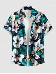 Flowers Tropical Leaf Print Buttons Pocket Hawaii Shirt For Men - Turquoise Foncée 3XL
