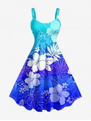Plus Size Tropical Leaf Hibiscus Flower Ombre Print Hawaii A Line Dress - Bleu M