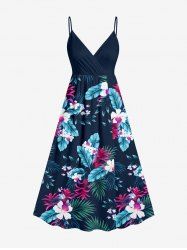 Tropical Leaf Flower Print Hawaii Surplice A Line Cami Dress - Paon Bleu L