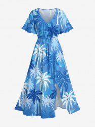 Coconut Tree Print Hawaii Split Pocket A Line Midi Dress -  