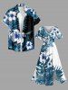 Plus Size Hibiscus Flower Tropical Leaf Print Split Hawaii Midi Dress - Paon Bleu S