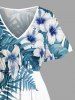 Plus Size Hibiscus Flower Tropical Leaf Print Split Hawaii Midi Dress - Paon Bleu 4X