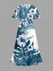 Plus Size Hibiscus Flower Tropical Leaf Print Split Hawaii Midi Dress - Paon Bleu 4X
