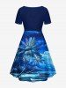 Coconut Tree Boat Mountain Cloud Print Cinched Hawaii Dress - Bleu 3X