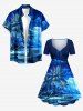 Coconut Tree Boat Mountain Cloud Print Cinched Hawaii Dress - Bleu 3X