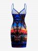 Coconut Tree Sun Seascape Ombre Sky Print Convertible Hawaii Beach Cover - Bleu XS